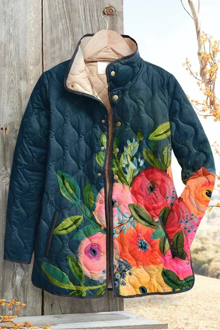 Steppjacke Wilma™ marineblau mit Blütenmuster, Reißverschluss und Knöpfen