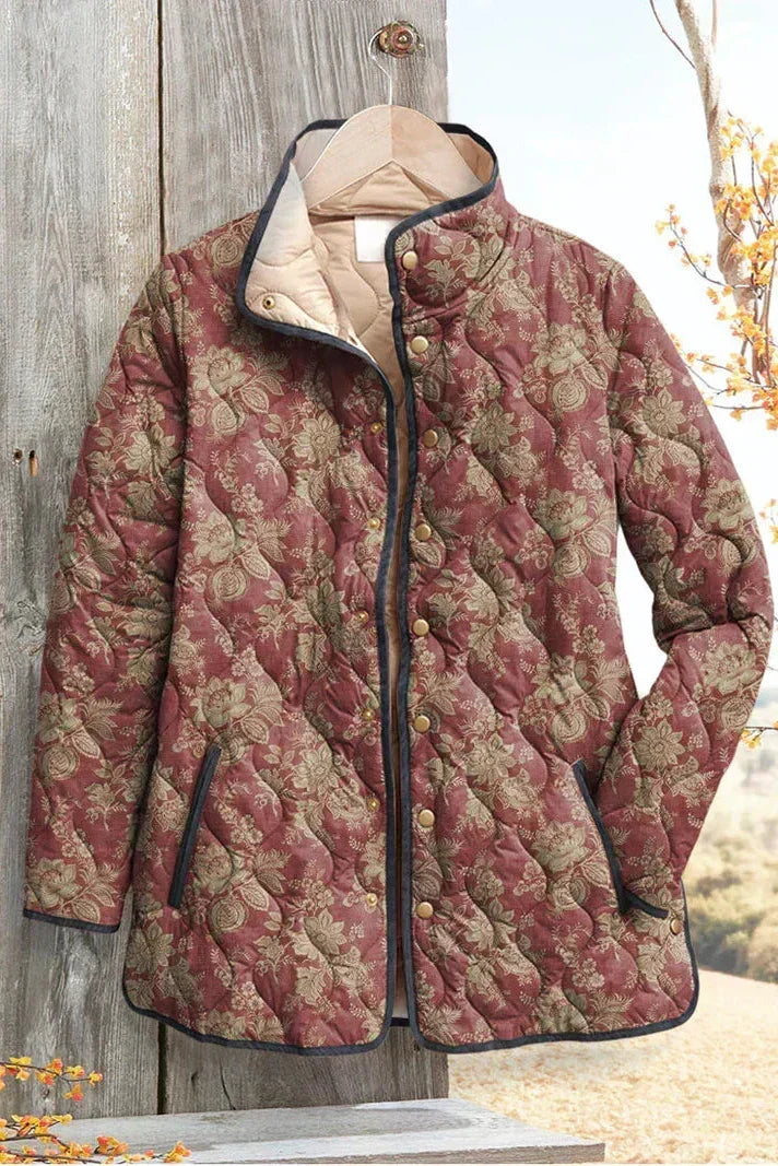 Berit™ Steppjacke Blütenmuster Rostrot, Reißverschluss, Stehkragen
