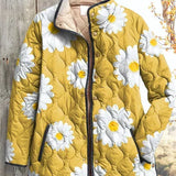 Almuth™ Steppjacke gelb mit weißen Margeriten, Reißverschluss, Umlegekragen, wattiert