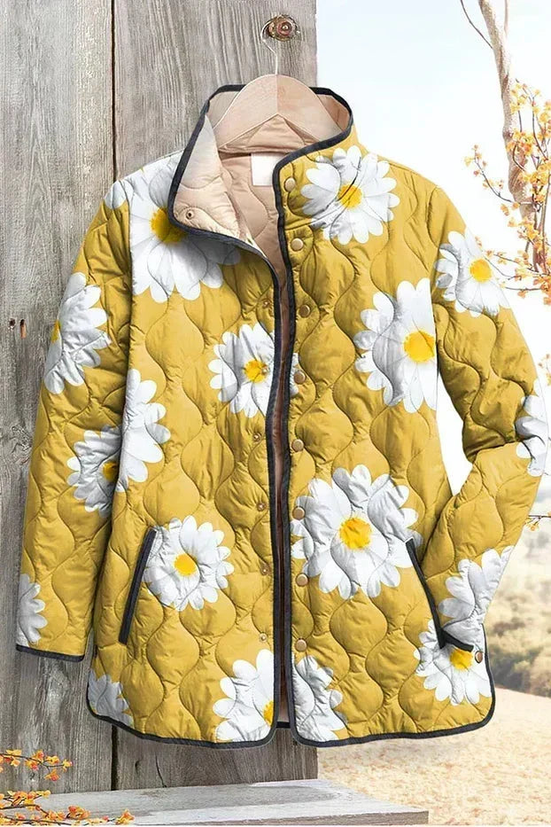 Almuth™ Steppjacke gelb mit weißen Margeriten, Reißverschluss, Umlegekragen, wattiert