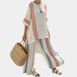 Béatrice | mehrfarbig gestreiftes, elegantes Oberteil und mediterrane Hosen
