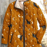 Wibke™ Steppjacke vorne mit Katzen-, Mond- und Sternenprint, Knöpfe und Reißverschluss