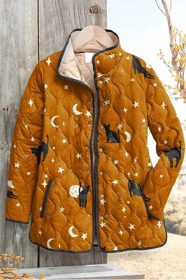 Wibke™ Steppjacke vorne mit Katzen-, Mond- und Sternenprint, Knöpfe und Reißverschluss