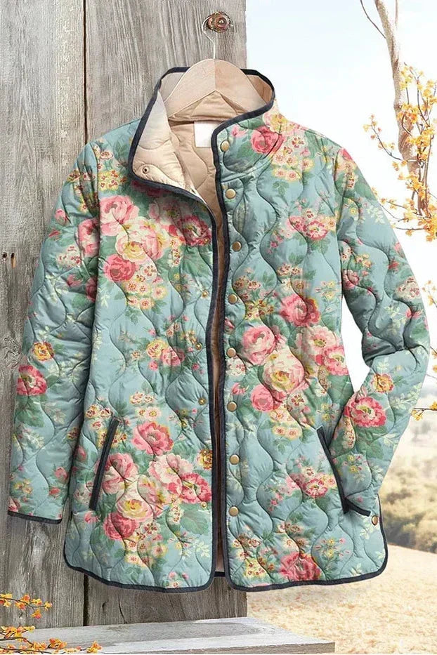 Nadja™ Steppjacke mit Rosenprint, mintfarben, wattiert mit Reißverschluss und Druckknöpfen