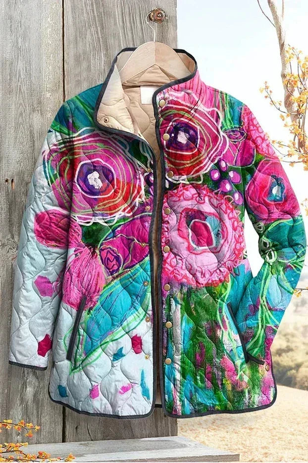Roswitha™ Steppjacke mit Blütenmuster in Pink und Grün, Reißverschluss vorn