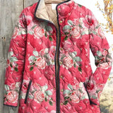 Sieglinde™ Steppjacke mit Rosenprint in Beere, Stehkragen und Knopfleiste