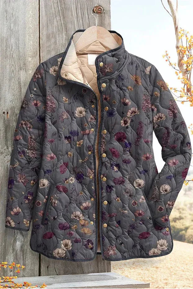 Mechthild™ Steppjacke grau mit großem Blütenmuster, Stehkragen und Knopfleiste
