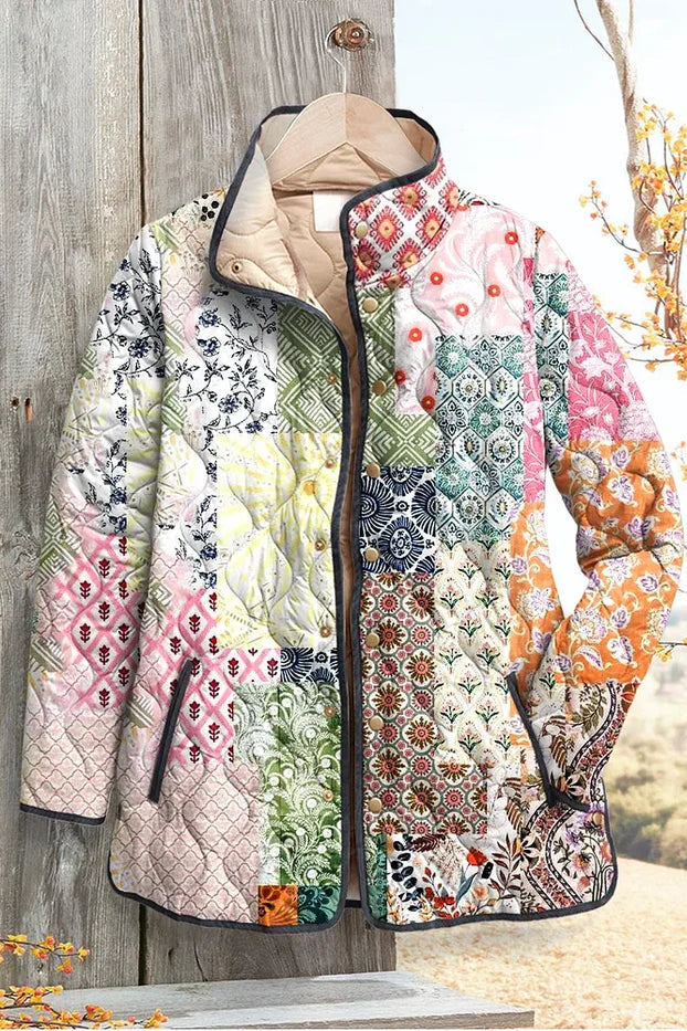 Minna™ Steppjacke im Patchwork-Look, bunt gemustert, Stehkragen, Reißverschluss vorn