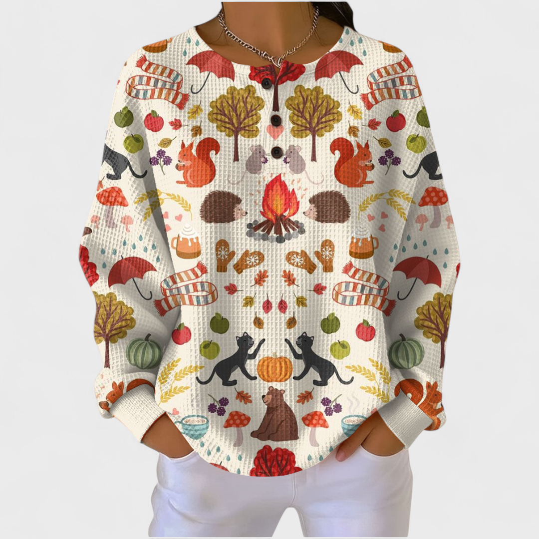 Hedda™ Pullover mit Herbstmotiven, Rundhalsausschnitt, lange Ärmel, Knopfleiste