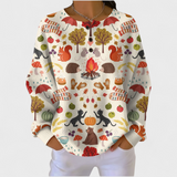 Hedda™ Pullover mit Herbstmotiven, Rundhalsausschnitt, lange Ärmel, Knopfleiste