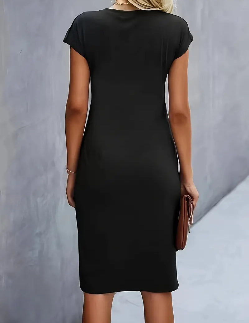 Elegantes Midi-Kleid (schwarz) mit kurzem Ärmel, runder Ausschnitt, Rückansicht ohne Muster.