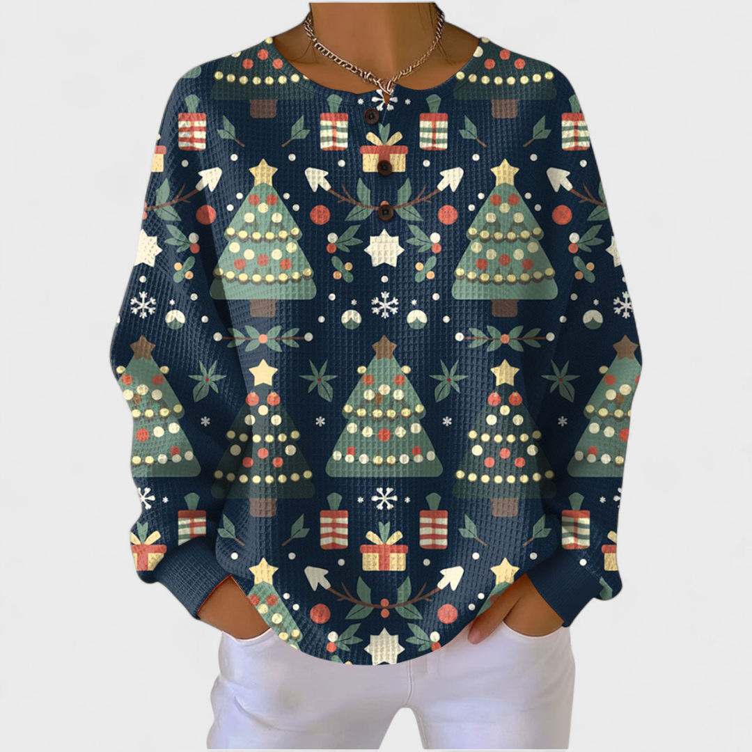 Thekla™ Pullover mit Weihnachtsbaum-Print, dunkelblau, Rundhalsausschnitt, lange Ärmel.