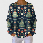 Thekla™ Pullover mit Weihnachtsbaum-Print, dunkelblau, Rundhalsausschnitt, lange Ärmel.
