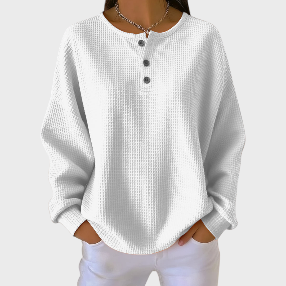 Jana™ Pullover mit Knopfleiste, langarm, weißer Rundhalsausschnitt