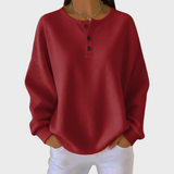 Jana™ Pullover mit Knopfleiste, langarm, rotfarbener Rundhalsausschnitt