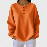 Jana™ Pullover mit Knopfleiste, langarm, orangefarbener Rundhalsausschnitt