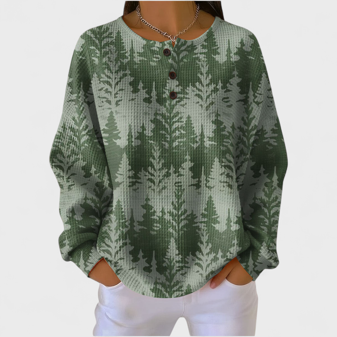 Grüner Pullover mit Tannenwald-Muster und Knopfleiste