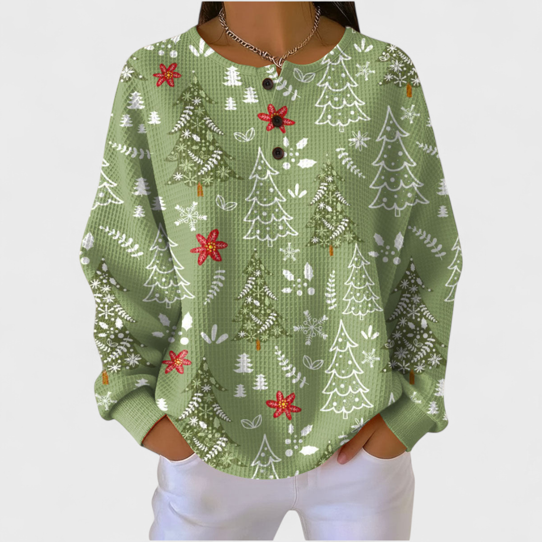 Pullover mit Rundhalsausschnitt in Salbeigrün, Tannen-Print und Knopfleiste vorn.