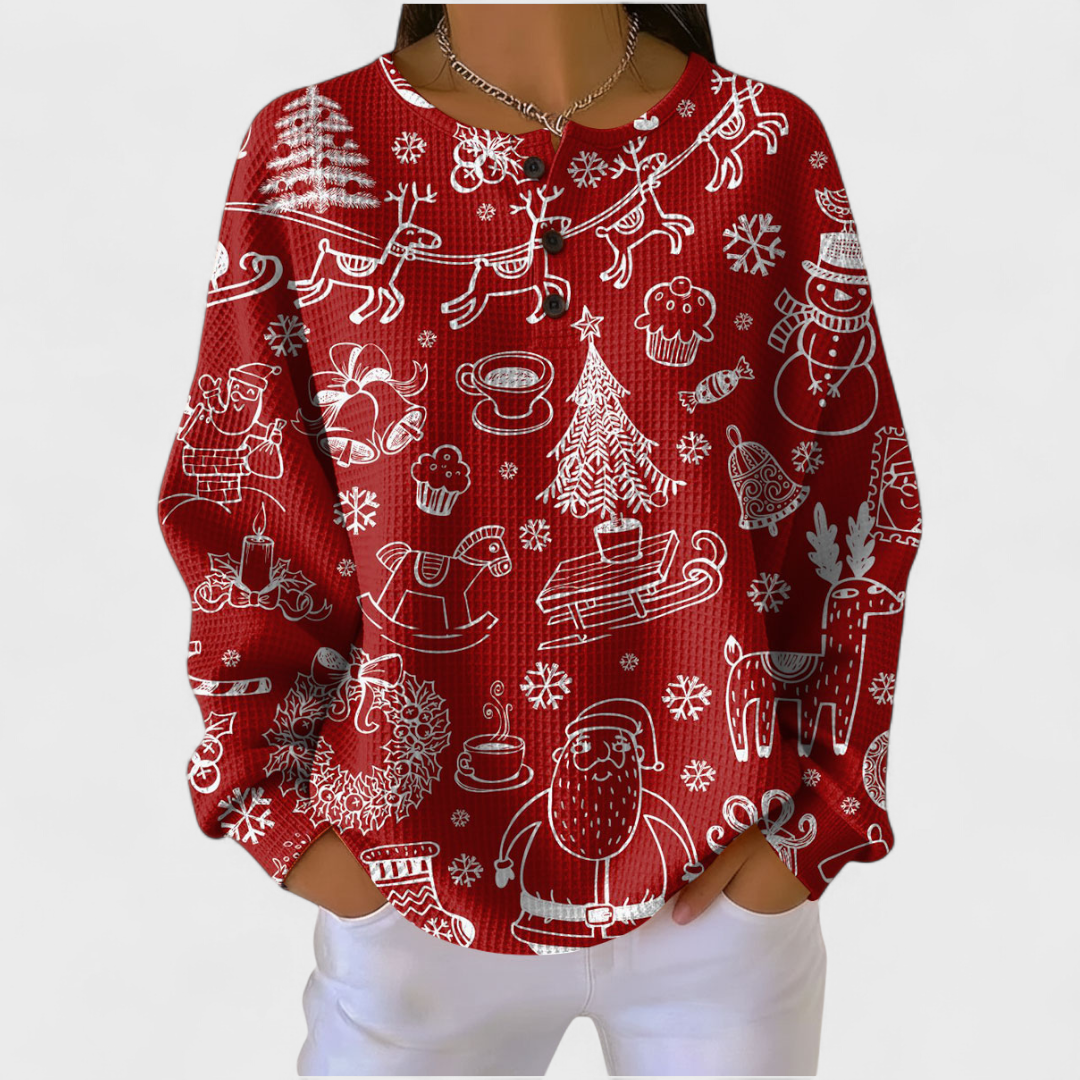 Roter Pullover mit weißen Weihnachtsmotiven und Rundhalsausschnitt
