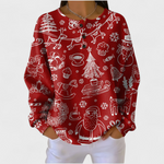 Roter Pullover mit weißen Weihnachtsmotiven und Rundhalsausschnitt