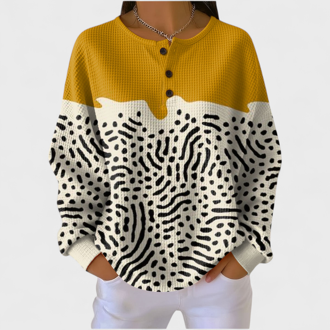 Dietlinde™ Pullover mit Knopfleiste, ockerfarben und Schwarz‑Weiß‑Formen