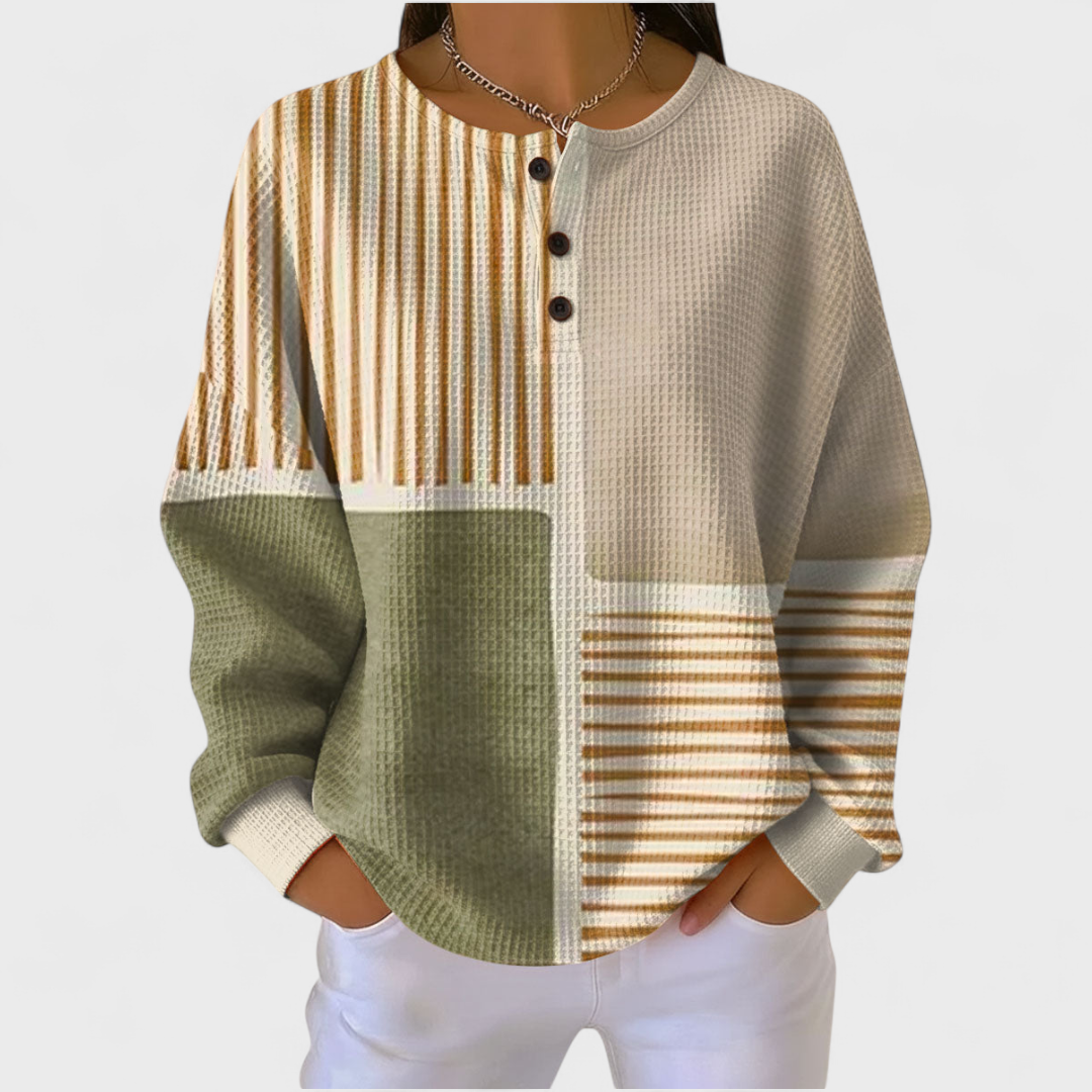 Insa™ Pullover mit Farbblock, langen Ärmeln, Knopfleiste und Streifen in Creme, Grün, Braun