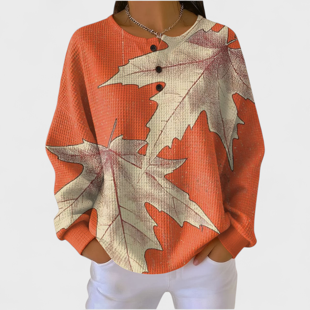 Pullover mit Ahornblatt-Print, orangefarben, beiger Rundhalsausschnitt und lange Ärmel