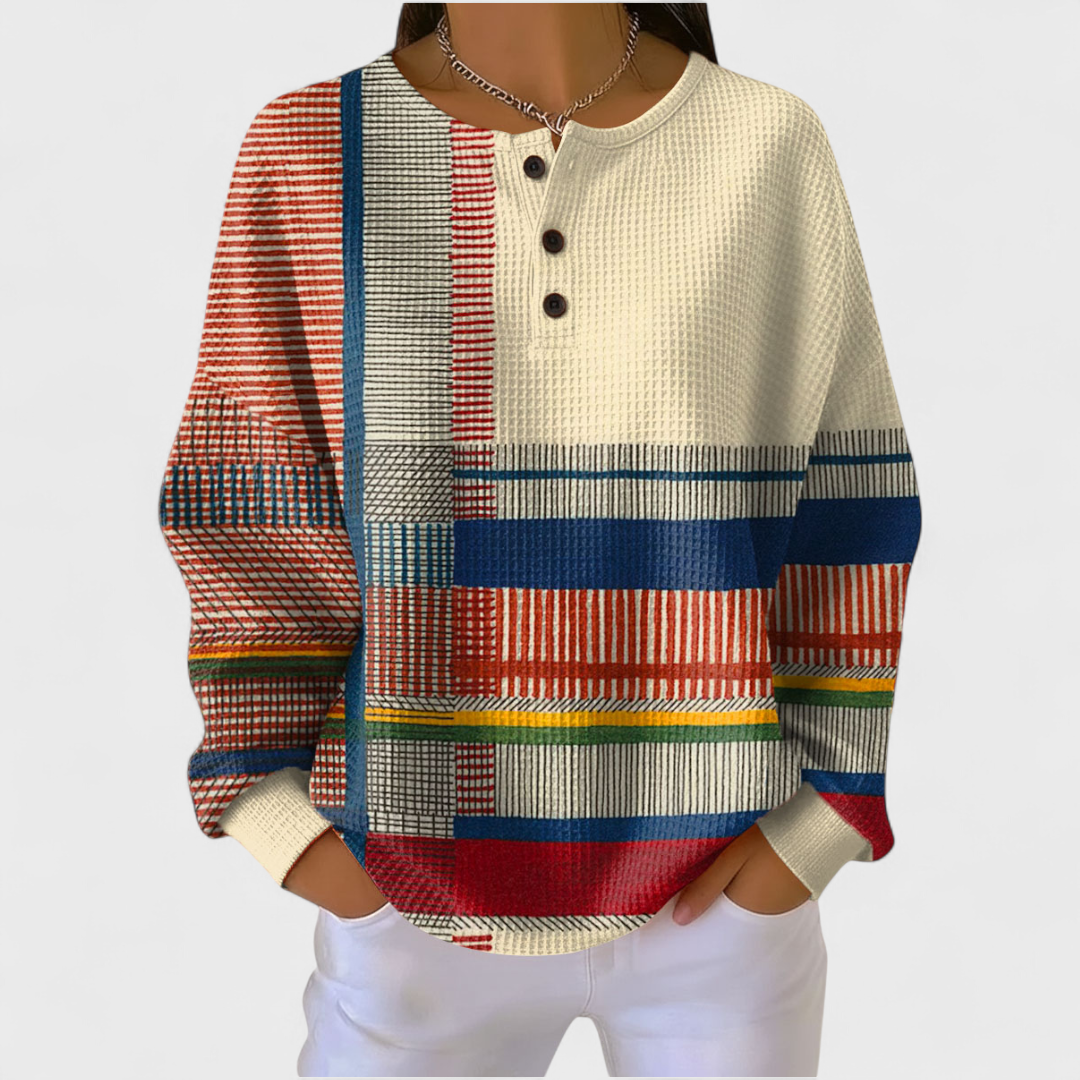 Pullover mit Linienmuster, beiger Grundton, Knopfleiste und weiten Bündchen