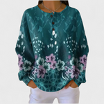Tabea™ Pullover mit Rundhalsausschnitt und Knopfleiste, petrol mit Blüten- und Musterdruck