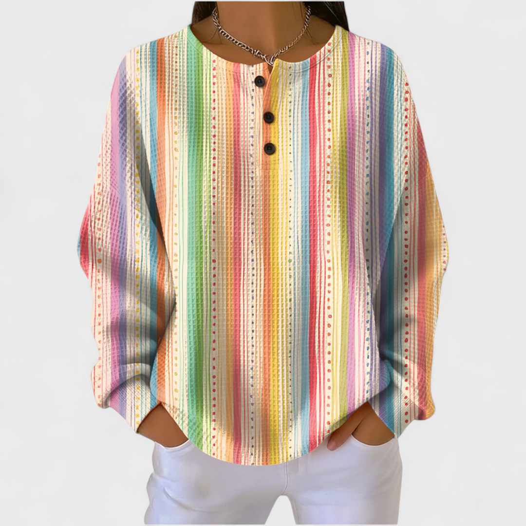 Pullover mit vertikalen Regenbogenstreifen, Knopfleiste und Rundhalsausschnitt