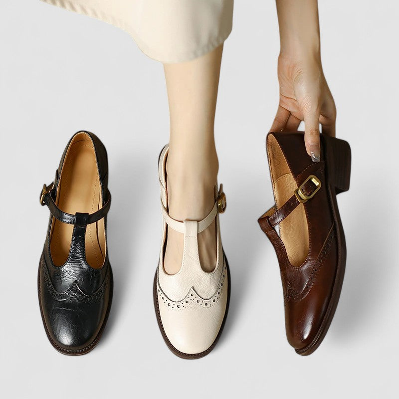 Mary-Jane-Schuhe in Schwarz, Beige und Braun mit Schnallenriemen