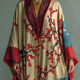 Maxi-Kleid mit Fledermausärmeln und japanischem Rot-Pflaumenblüten-Druck