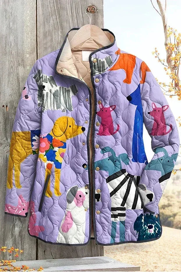 Ursel™ Steppjacke mit Hundemotiven, fliederfarben, gepolstert, Zipper, vordere Taschen