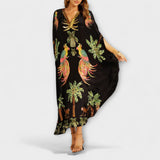 Linda - Eindrucksvolles Kleid mit asymmetrischen Trägern und Palmendruck