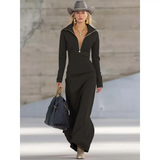 Lässiges Maxikleid mit schwarzem Rollkragen und Reißverschluss-Design