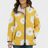 Almuth™ Steppjacke gelb mit weißen Margeriten, durchgehender Reißverschluss, wattiert