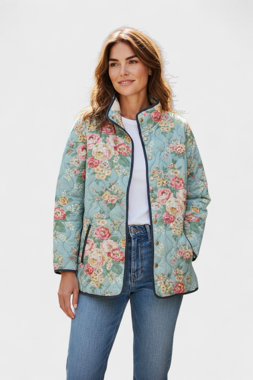 Nadja™ Steppjacke mit Rosenprint in Mint, durchgehendem Reißverschluss und seitlichen Taschen