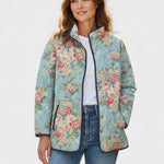 Nadja™ Steppjacke mit Rosenprint in Mint, durchgehendem Reißverschluss und seitlichen Taschen