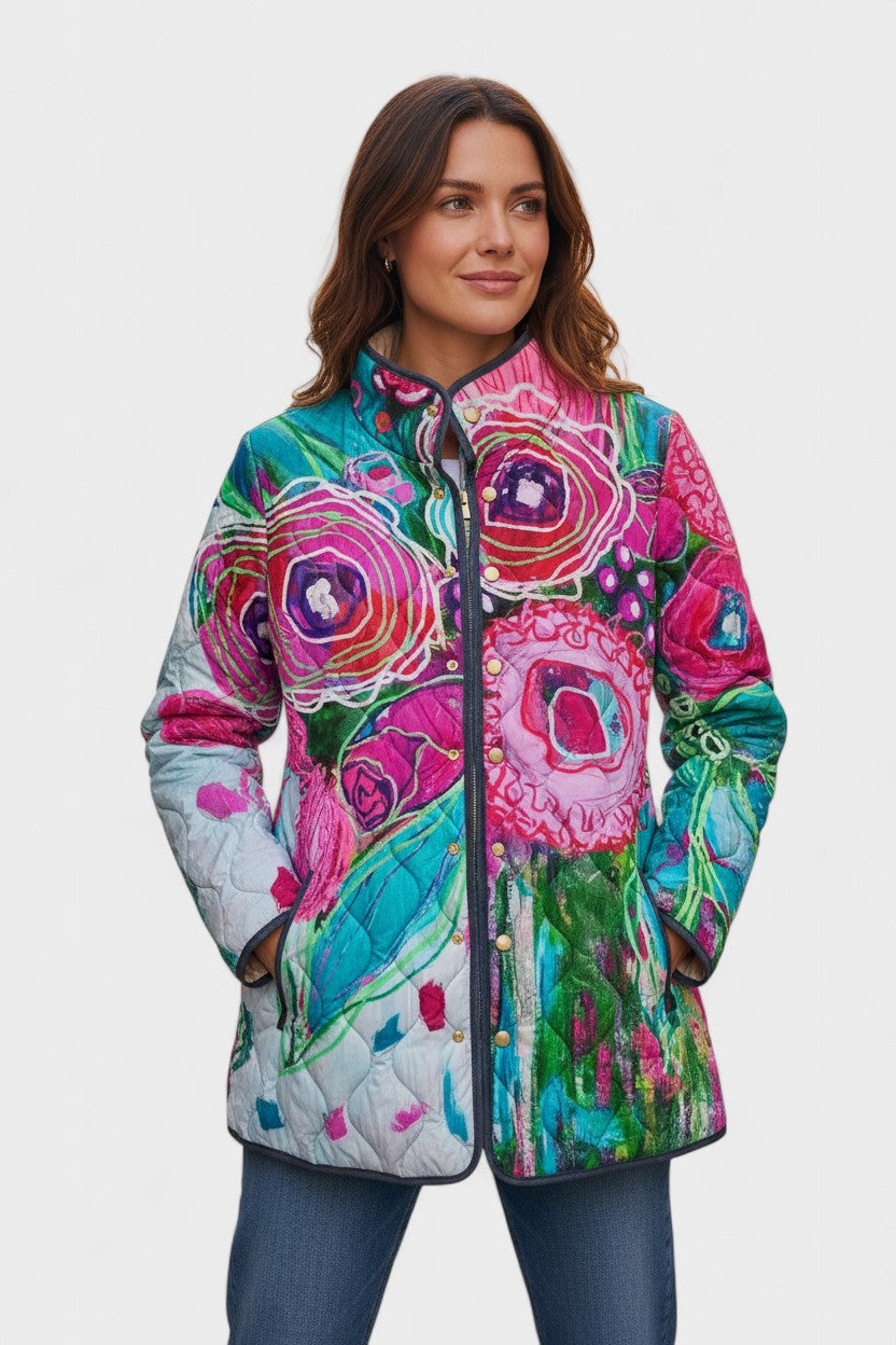 Roswitha™ Steppjacke mit bunten Blüten, pink-grünem Muster, Reißverschluss vorn