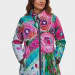 Roswitha™ Steppjacke mit bunten Blüten, pink-grünem Muster, Reißverschluss vorn
