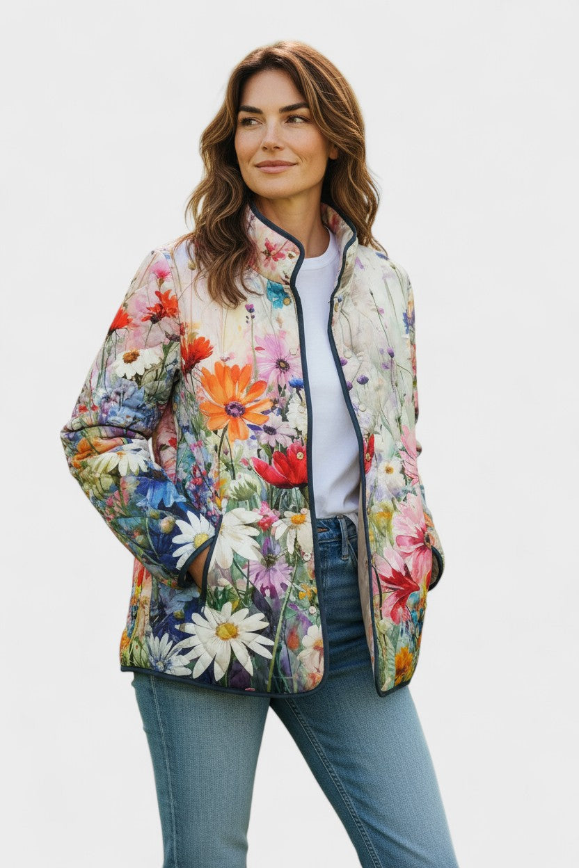 Sybille™ Steppjacke mit buntem Blumenmuster, hoher Kragen, Reißverschluss