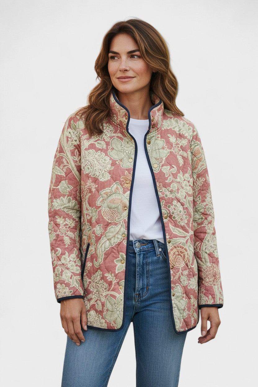 Steppjacke mit Ornamenten in Altrosa, Reißverschluss und Stehkragen