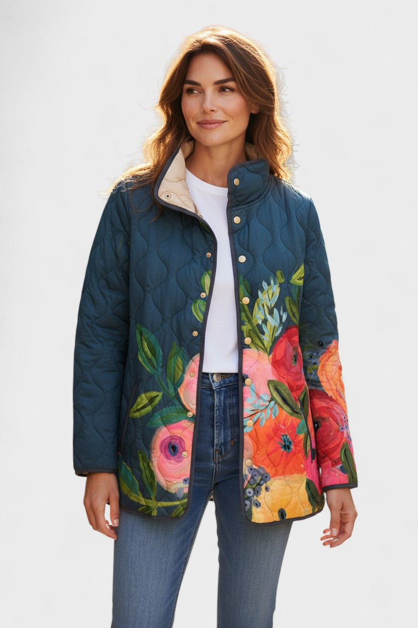 Steppjacke Wilma™: marineblaue mit Blütenprint und Knopfleiste