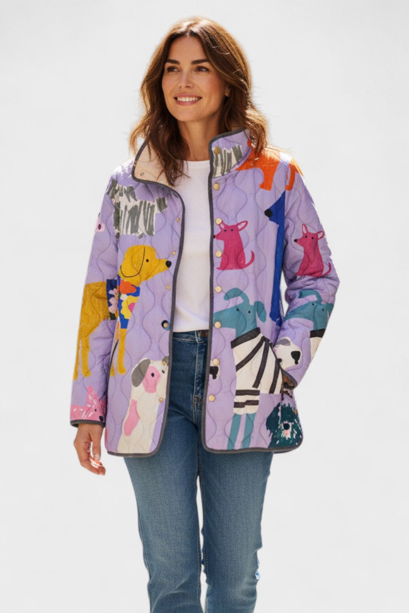 Ursel™ Steppjacke mit Hundemotiven, fliederfarben, Reißverschluss, Taschen vorn