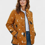 Wibke™ Steppjacke in Braun mit Katzen- und Mondmuster, Reißverschluss und Stehkragen