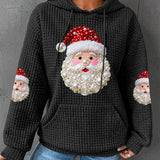 Damen Weihnachtsperlen Santa Claus Druck Lässiger Waffel Hoodie
